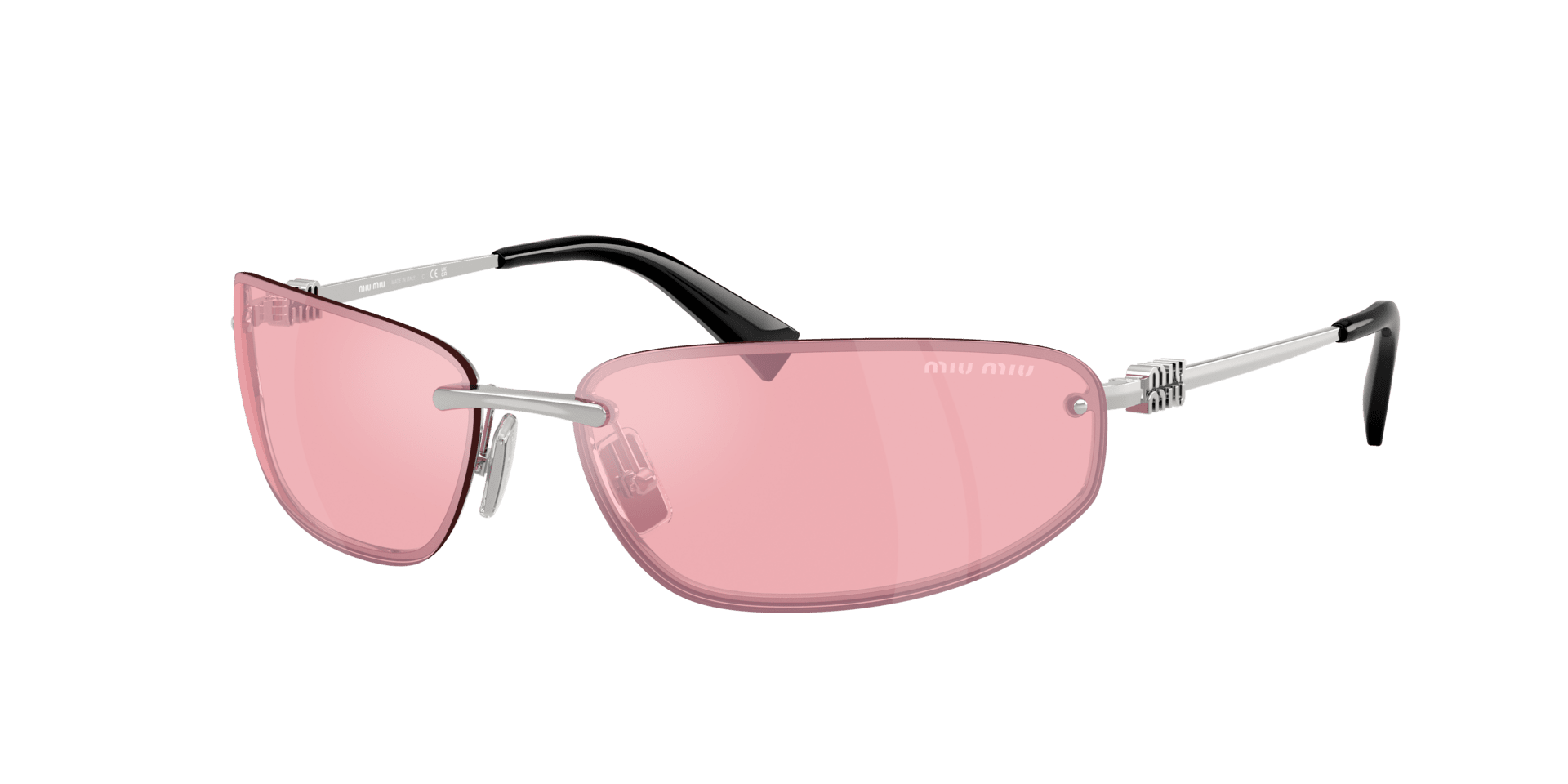 Miu Miu Runway plateado con lentes rosas, espíritu retro couture